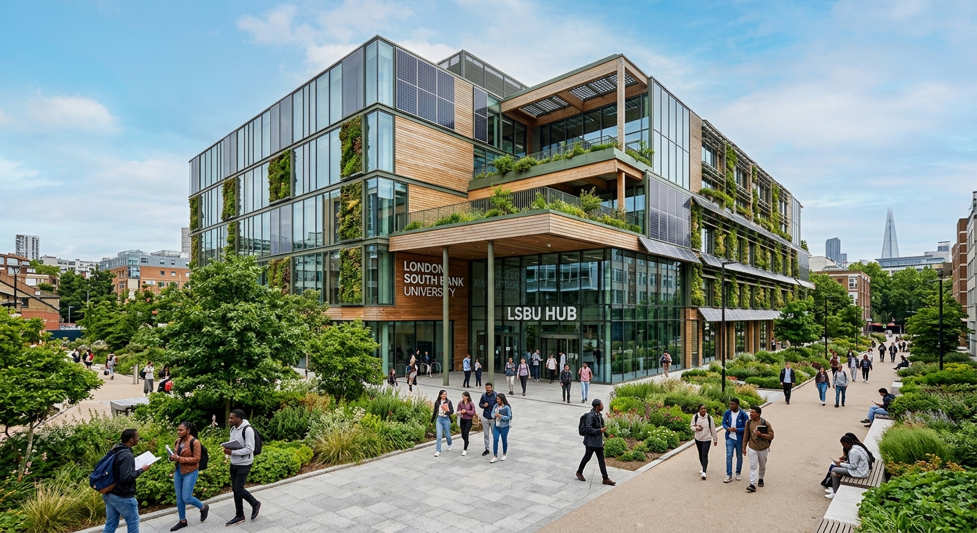 LSBU Hub building exterior, modern carbon-neutral design, glass facade with green landscaping, students walking on campus pathways, Southwark London