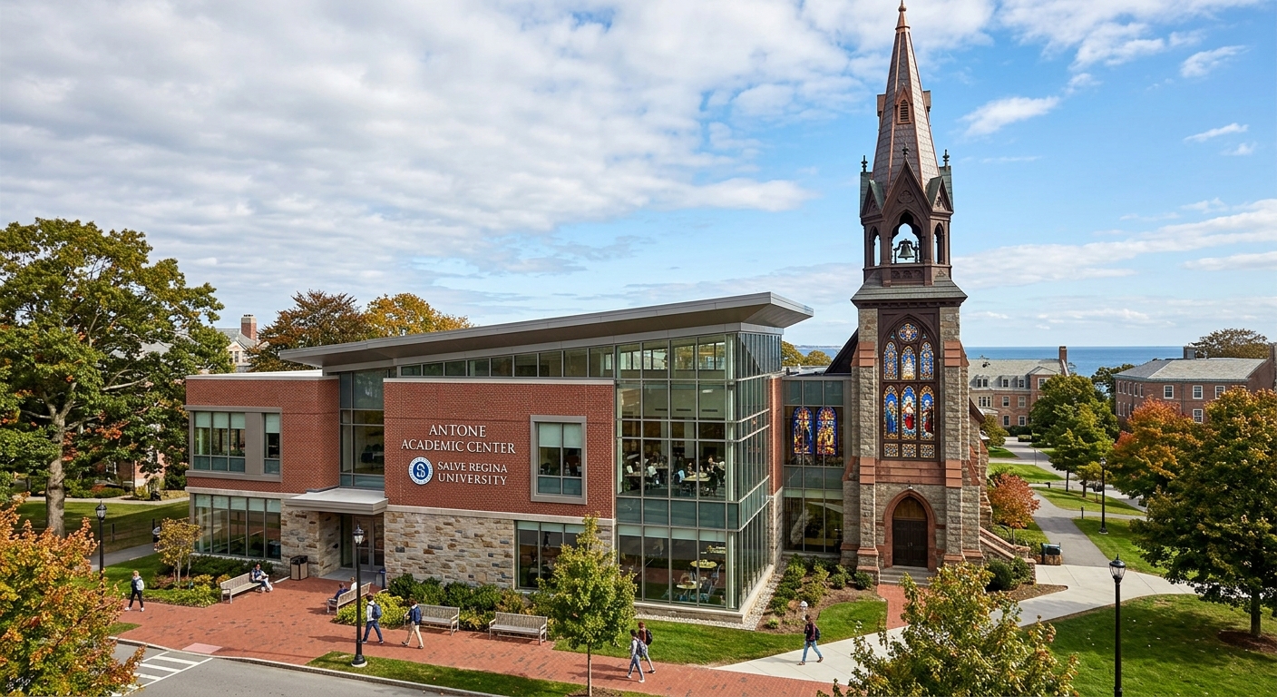 Antone Academic Center at Salve Regina University, a modern academic building with a chapel steeple featuring John La Farge stained glass windows, blending contemporary and historic architecture
