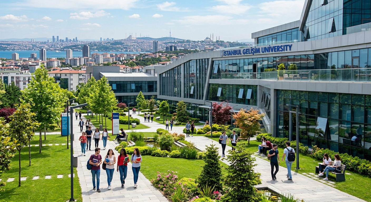 Modern Istanbul Gelisim University campus building in Avcilar district with students walking through green courtyards, Istanbul skyline visible in background, contemporary architecture with glass facades