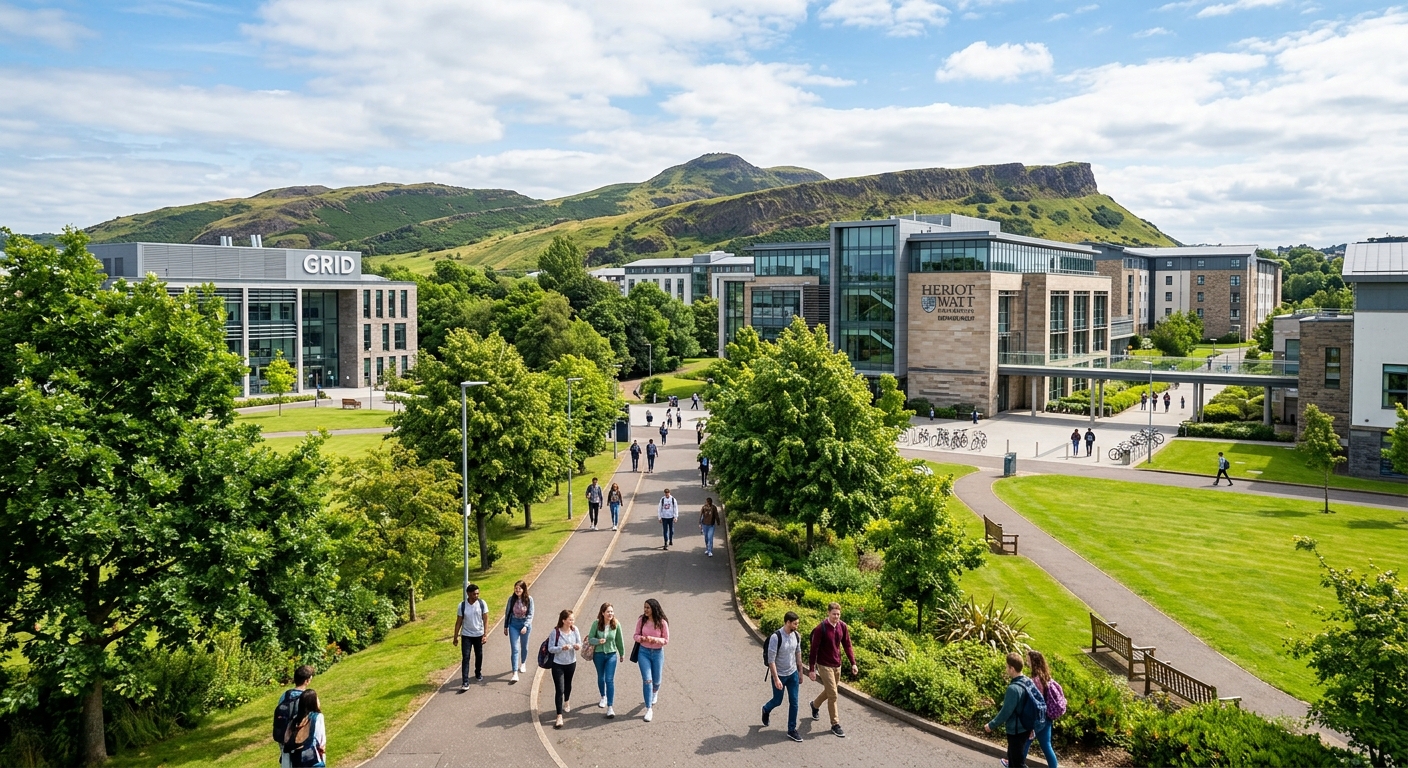 Heriot-Watt University Edinburgh campus with modern academic buildings surrounded by green parkland, students walking along tree-lined pathways, Scottish landscape in the background with clear sky