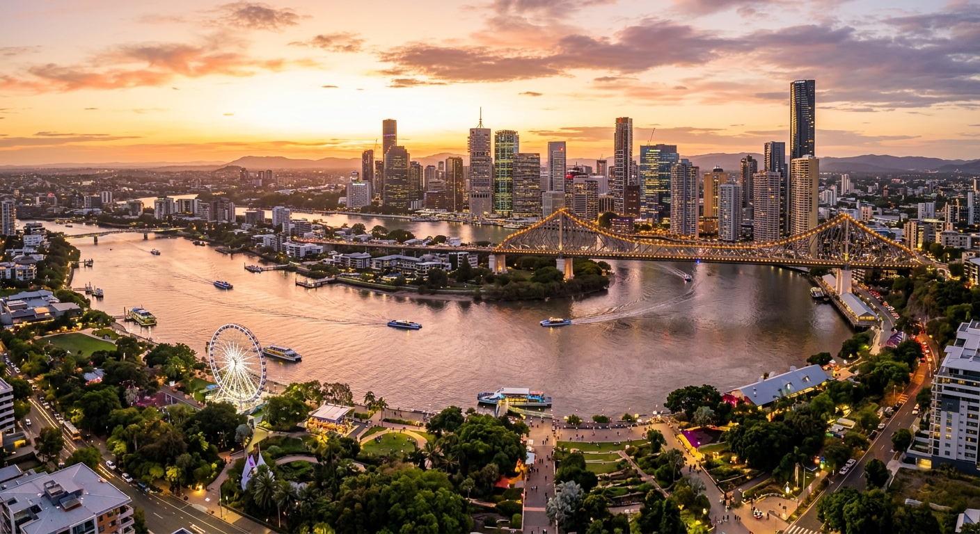 Brisbane city skyline at golden hour, Brisbane River winding through the city, Story Bridge illuminated, South Bank parklands with subtropical vegetation, modern high-rise buildings