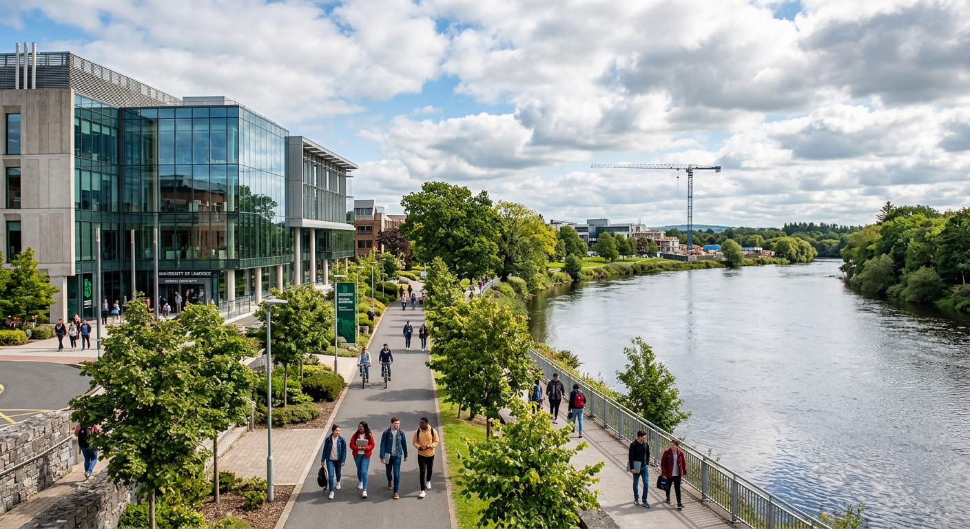 University of Limerick campus along the River Shannon, modern engineering building with glass facade, students walking on tree-lined pathways, construction crane visible in background, bright Irish sky