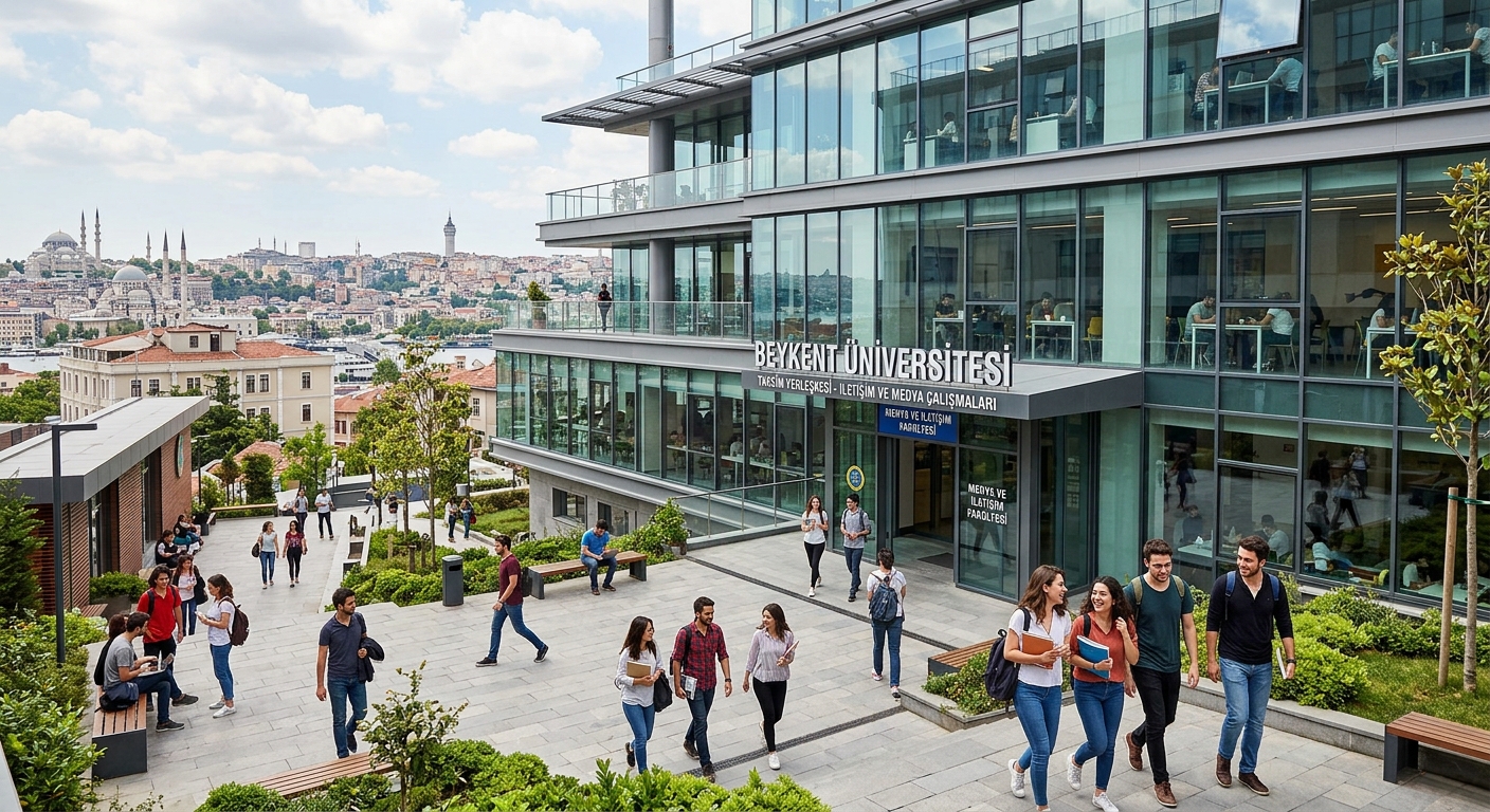 Beykent University Taksim Campus in Istanbul Turkey, modern university building with glass facade, students walking through campus courtyard, city skyline visible in background, communication and media studies environment