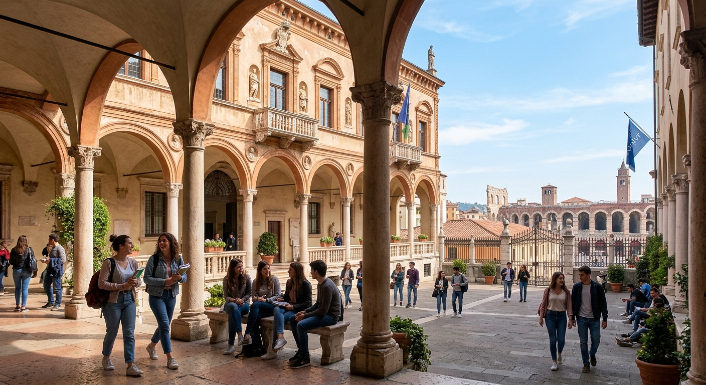 Historic University of Verona campus building with Renaissance architecture, students walking through a sunlit courtyard with arched colonnades, Verona cityscape in the background featuring ancient Roman amphitheater