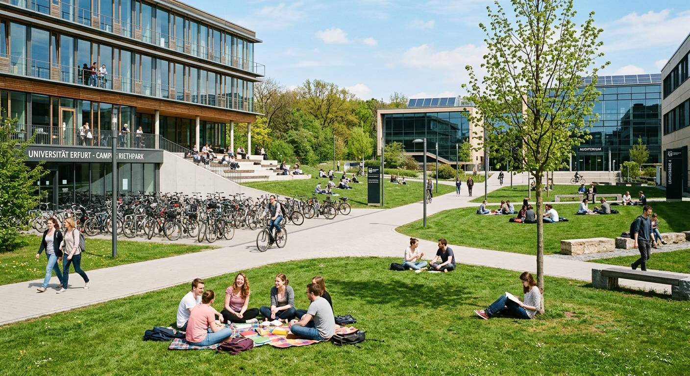 University of Erfurt modern campus green spaces, students relaxing on lawns between contemporary academic buildings, bicycle racks, sunny day