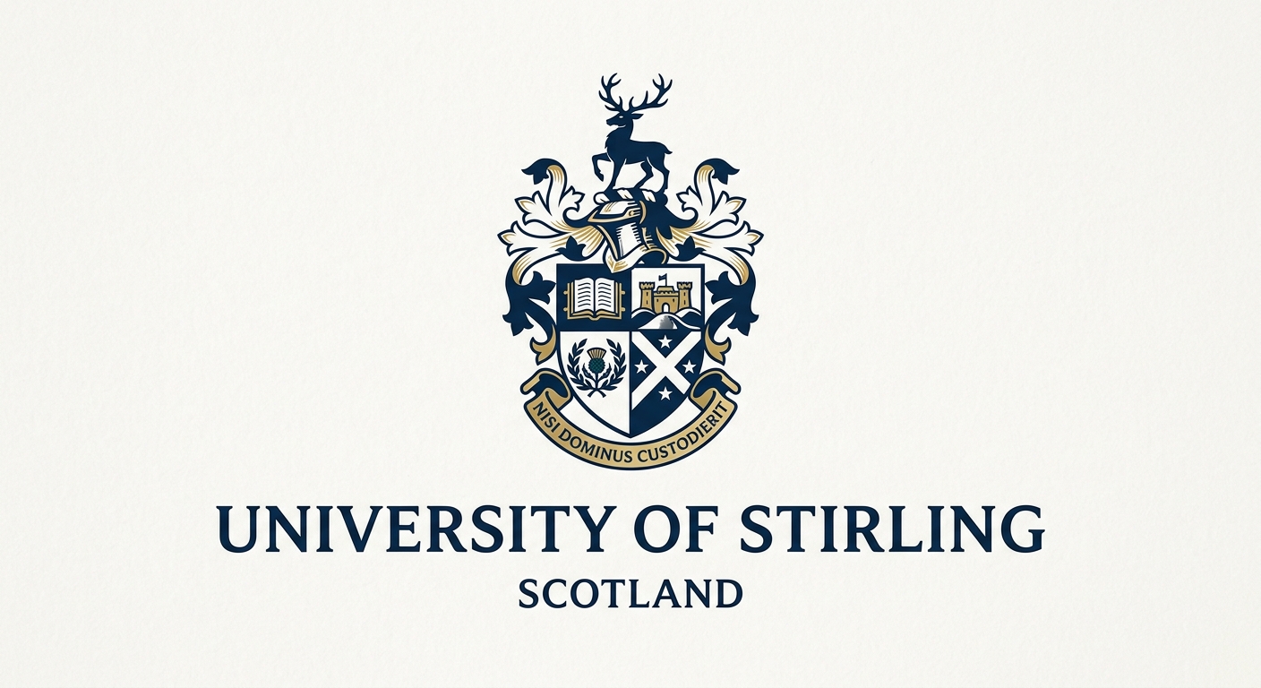 University of Stirling official logo featuring the university crest with a stylised open book and the words University of Stirling in dark blue text