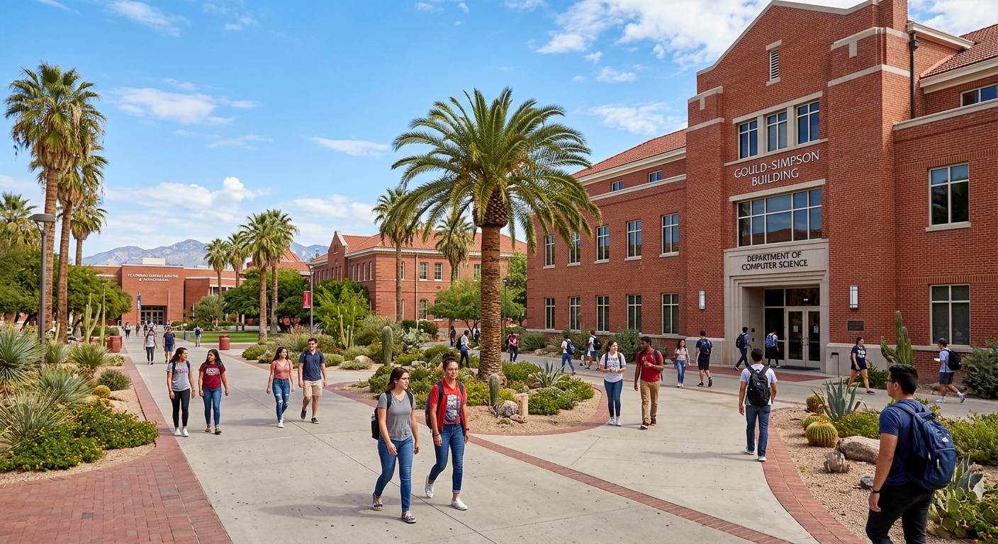 University of Arizona campus in Tucson with iconic red brick buildings, palm trees, blue sky, and students walking along pathways near the Gould-Simpson computer science building