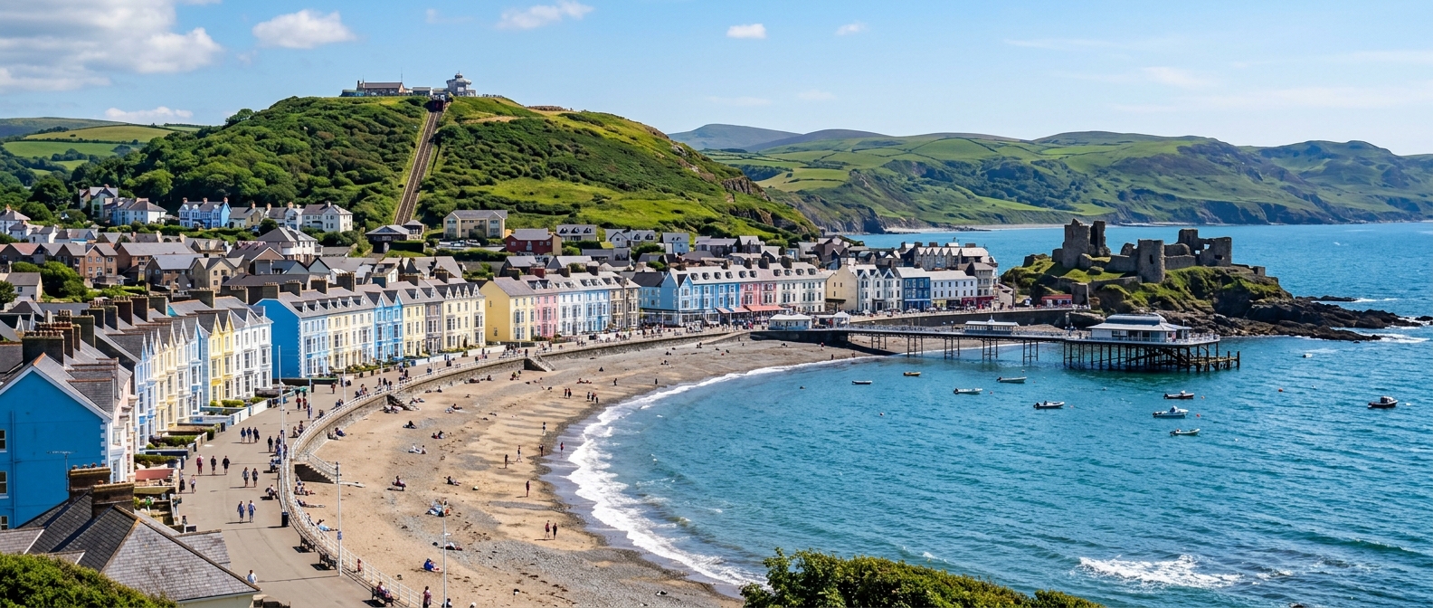 Aberystwyth seaside town panoramic view, Victorian promenade along Cardigan Bay, colourful terraced houses, Constitution Hill with cliff railway, castle ruins, green hills in background, bright summer day
