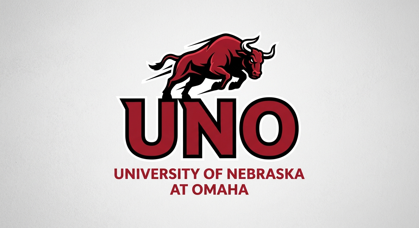 University of Nebraska at Omaha official logo, bold UNO letters in crimson red with black accents, Maverick bull icon