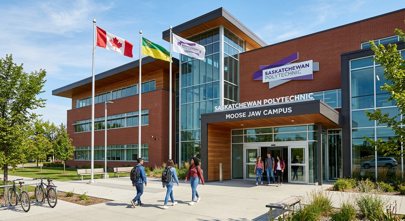 Saskatchewan Polytechnic Moose Jaw campus main building exterior, modern institutional architecture with Canadian flag, students entering through glass doors on a sunny day