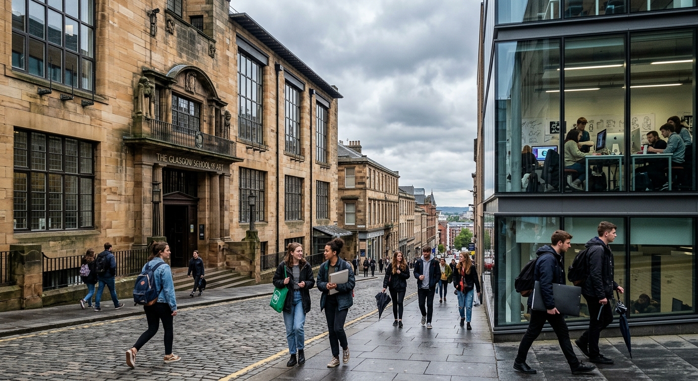 Glasgow School of Art campus exterior with historic Mackintosh building architecture, students walking through Garnethill area of Glasgow, modern digital design studio visible through glass windows, overcast Scottish sky