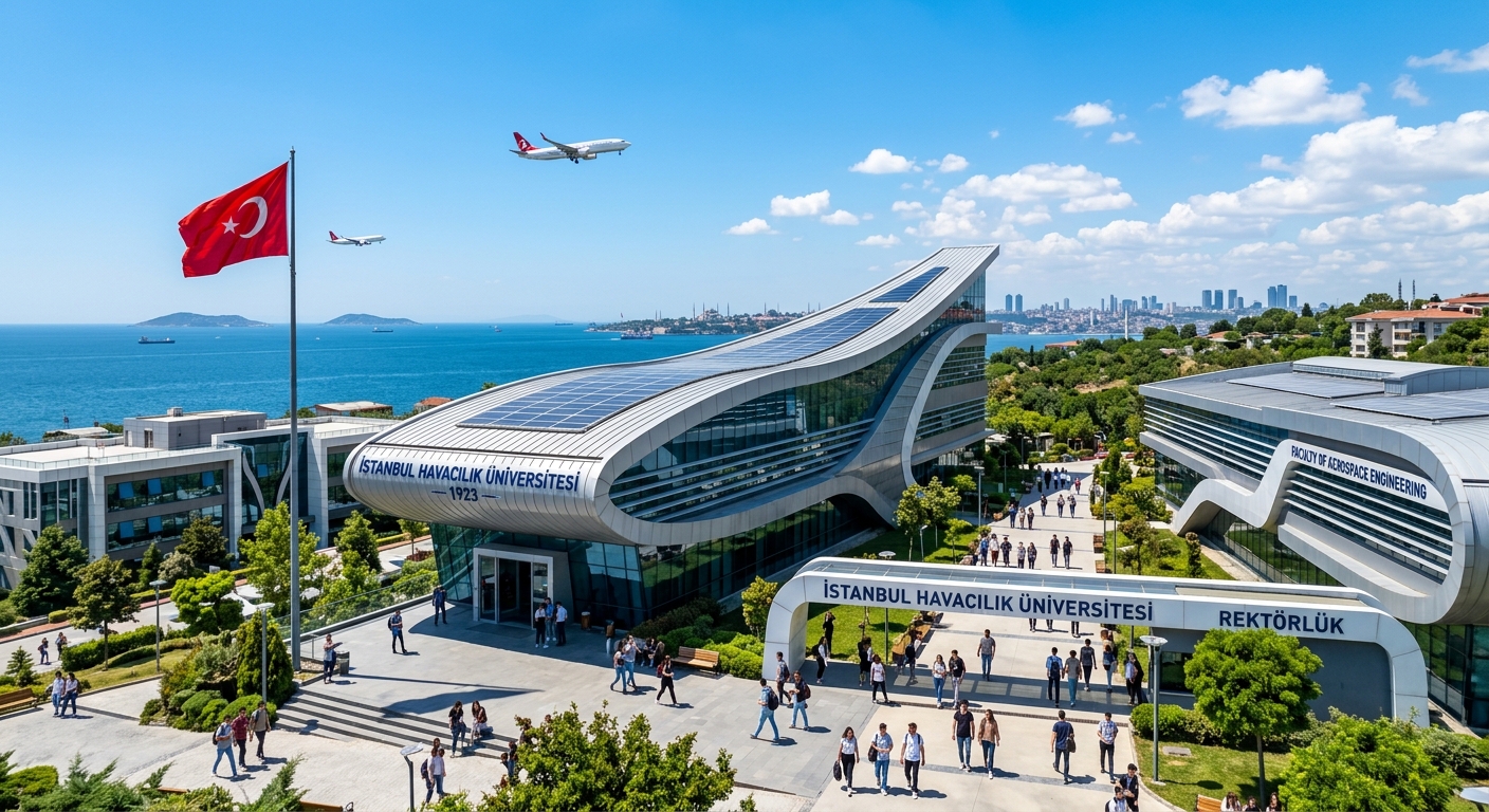 Modern university campus in Istanbul with aviation-themed architecture, students walking between buildings, airplanes visible in the distant sky, Turkish flag, bright sunny day with Marmara Sea in the background