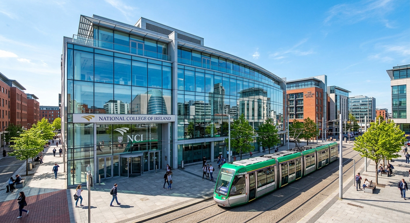 National College of Ireland modern campus building at Mayor Square in Dublin Docklands, glass facade reflecting the IFSC skyline, Luas tram passing by, clear blue sky