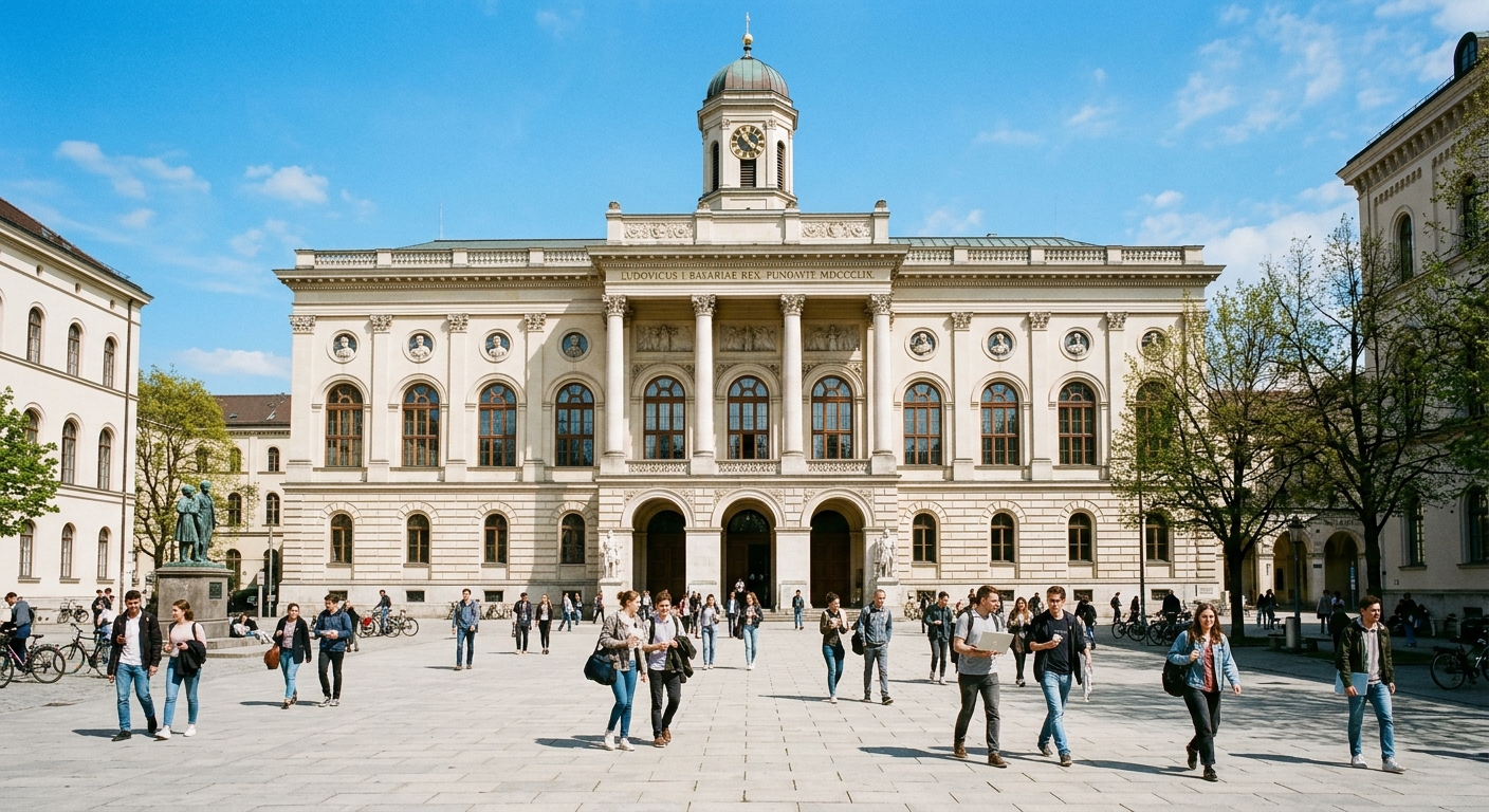Historic LMU Munich main building facade with classical columns and arched windows on Geschwister-Scholl-Platz, students walking across the sunlit courtyard, Bavarian blue sky in background