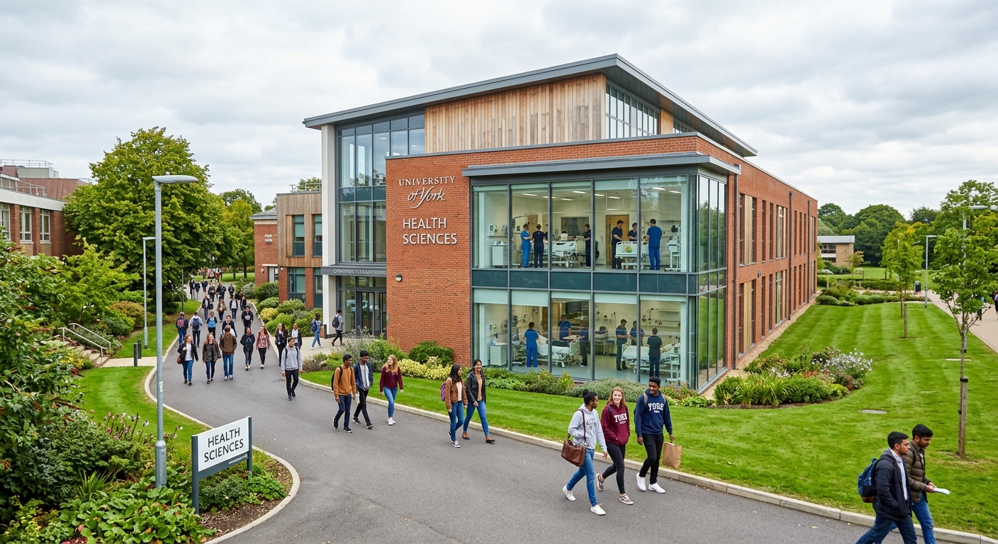 University of York Health Sciences building exterior with green campus grounds, students walking along pathways, modern clinical simulation facilities visible through glass windows, bright overcast English sky