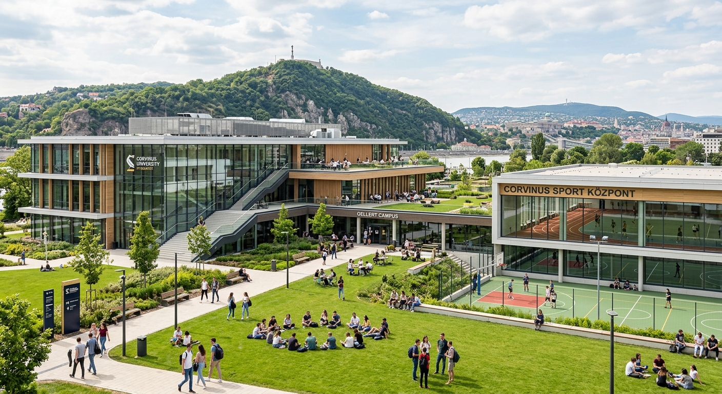 Corvinus Gellert Campus, modern state-of-the-art university building with open spaces, sport center visible, students on green lawn, Budapest hills in background