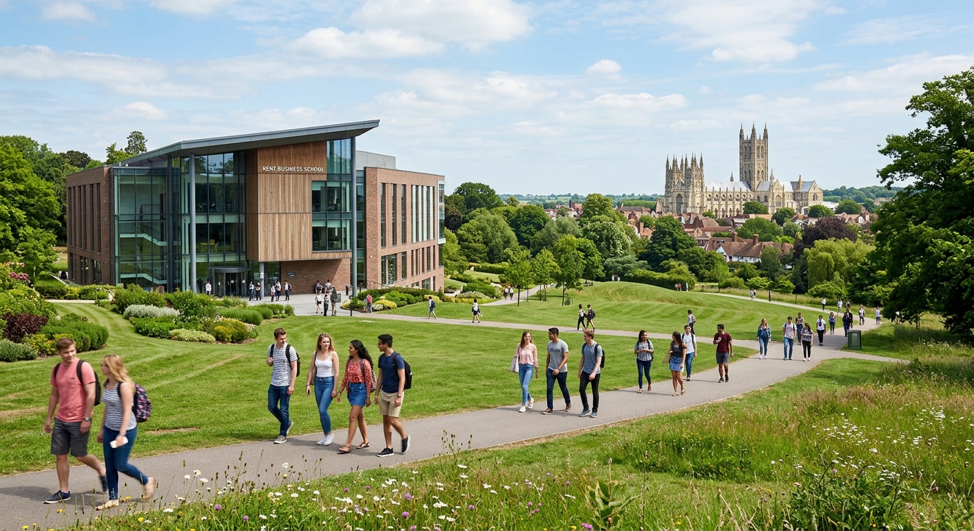 University of Kent Canterbury campus with modern Kent Business School building, green parkland, students walking along pathways, historic Canterbury Cathedral visible in the background, bright sunny day