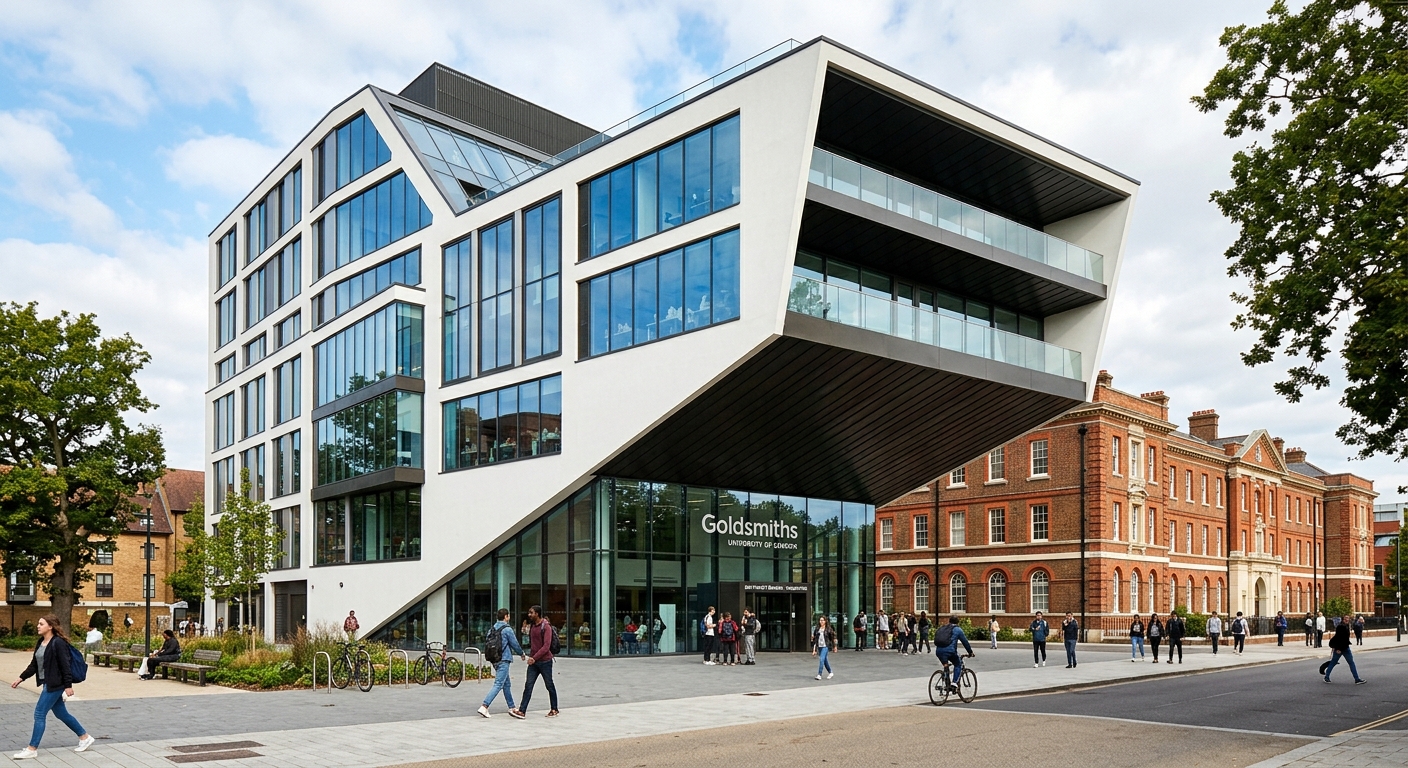 Ben Pimlott Building at Goldsmiths University, modern angular architecture with dramatic cantilevered upper floors, large glass windows, contemporary design contrasting with surrounding historic buildings