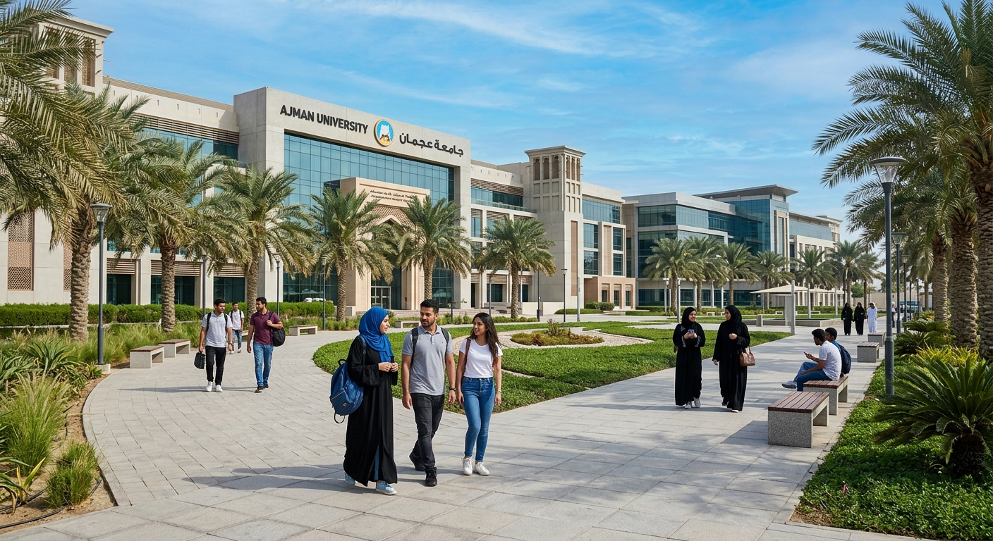 Ajman University modern campus building with palm trees, students walking along pathways, clear blue sky, educational environment in the United Arab Emirates