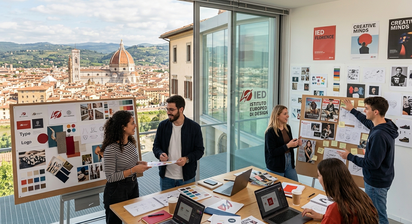 Historic Florence cityscape with the Duomo and Tuscan hills in the background, IED campus building with modern glass entrance, students collaborating on brand design mood boards in a bright studio space