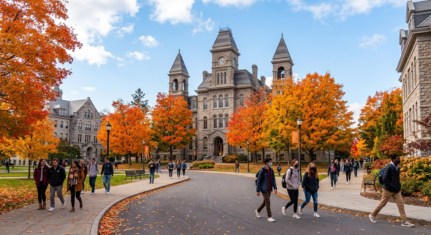 Syracuse University campus in autumn with orange-leafed trees, historic stone buildings, and students walking along pathways near the Hall of Languages, Syracuse New York
