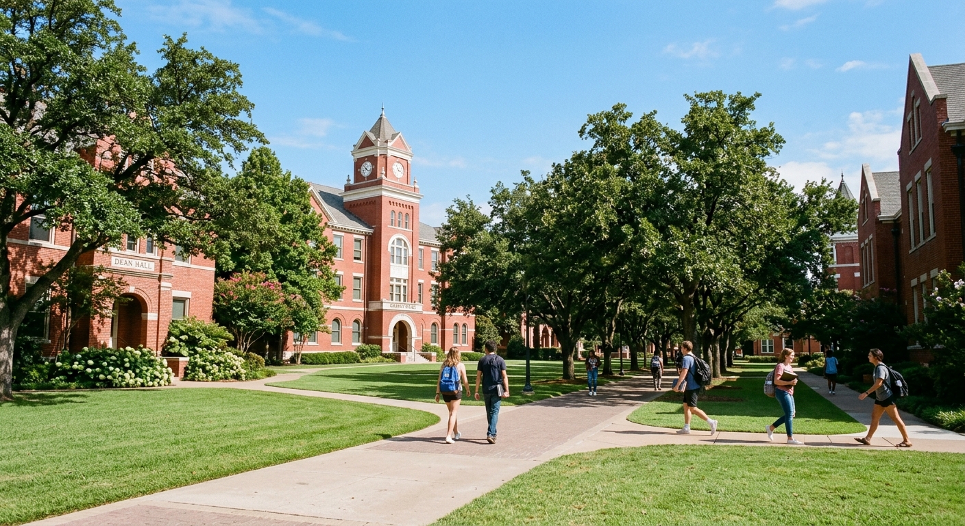 Historic Austin College campus in Sherman Texas with red brick buildings, tree-lined walkways, green lawns, and students walking between academic halls under a clear blue sky