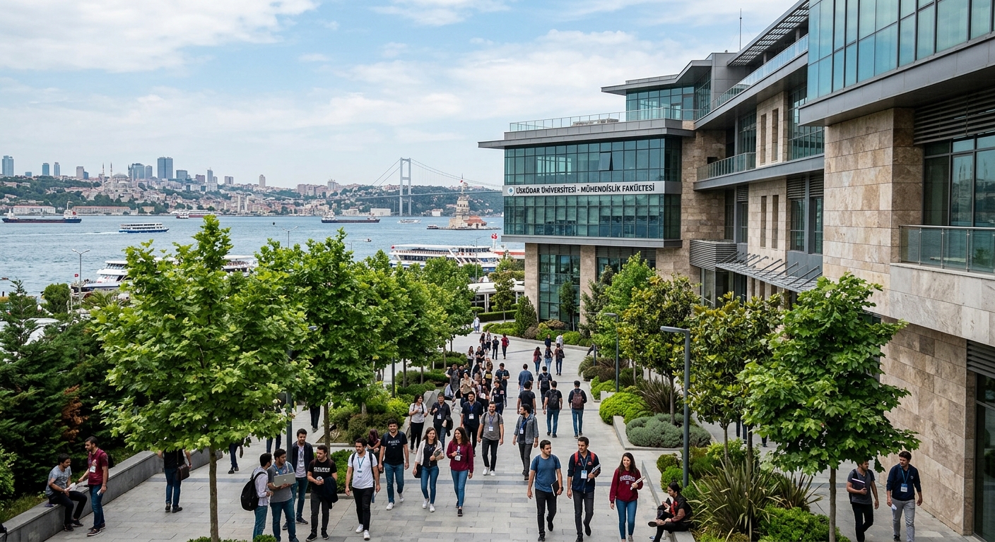 Modern university campus building in Üsküdar district of Istanbul with engineering students walking through a tree-lined courtyard, Bosphorus waterfront visible in the background, contemporary glass and stone architecture