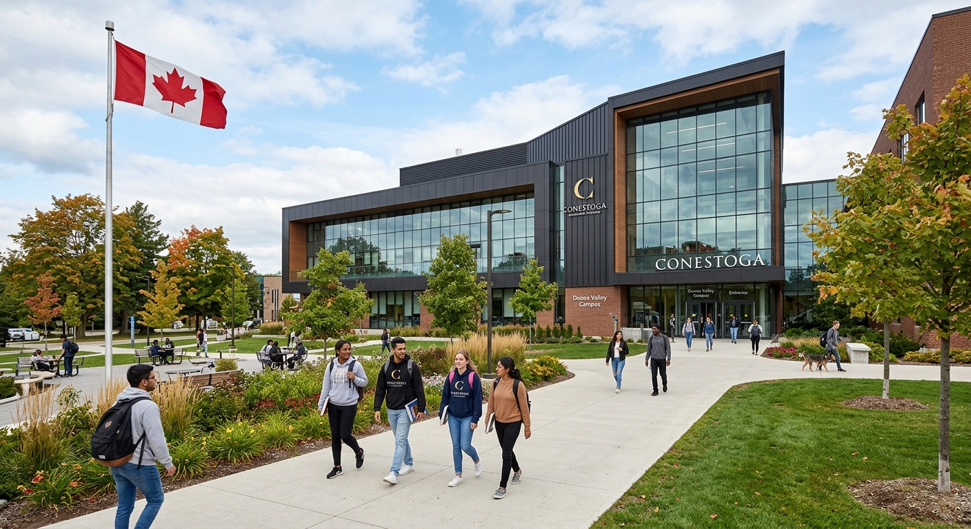 Modern Conestoga College campus building in Kitchener Ontario with students walking along pathways, Canadian flag visible, contemporary architecture with glass facades and green landscaping