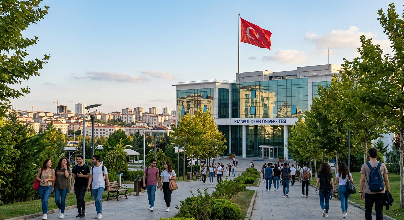 Istanbul Okan University modern campus building with glass facade, Turkish flag waving, students walking on tree-lined pathways, Tuzla district skyline in background, warm afternoon sunlight