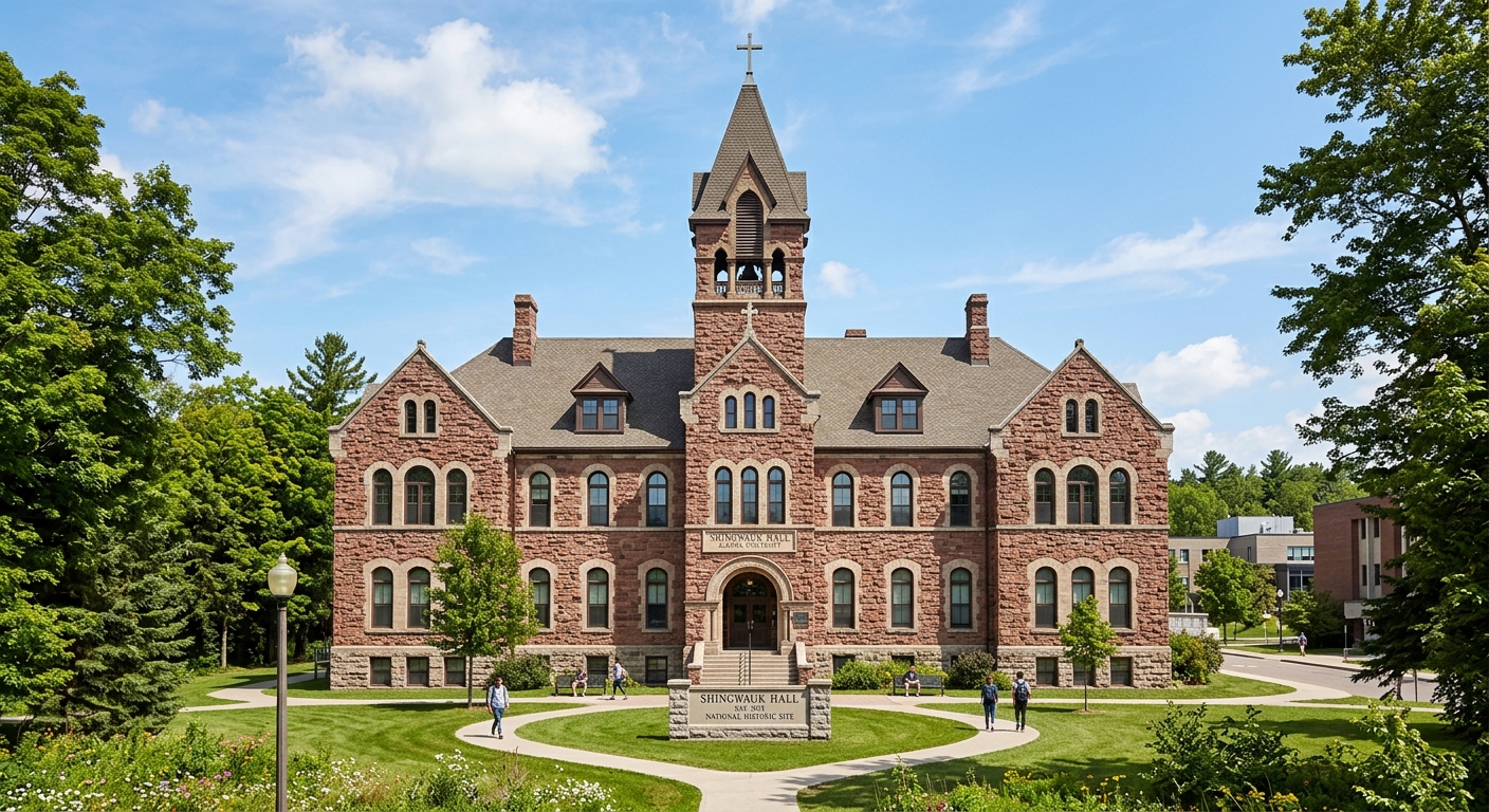 Historic Shingwauk Hall building at Algoma University, a grand stone heritage structure with arched windows surrounded by mature trees and green lawns