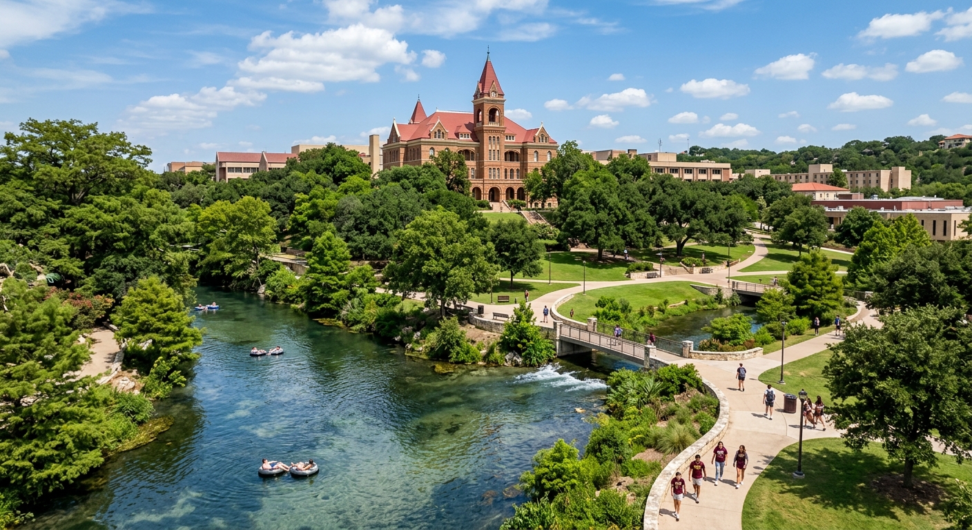 Texas State University campus in San Marcos with the iconic Old Main building, lush green trees, and the San Marcos River flowing through the scenic grounds under a bright Texas sky