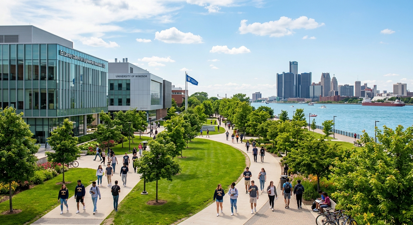 University of Windsor campus with modern academic buildings, green lawns, and the Detroit River visible in the background, students walking along tree-lined pathways on a sunny day in Windsor, Ontario, Canada