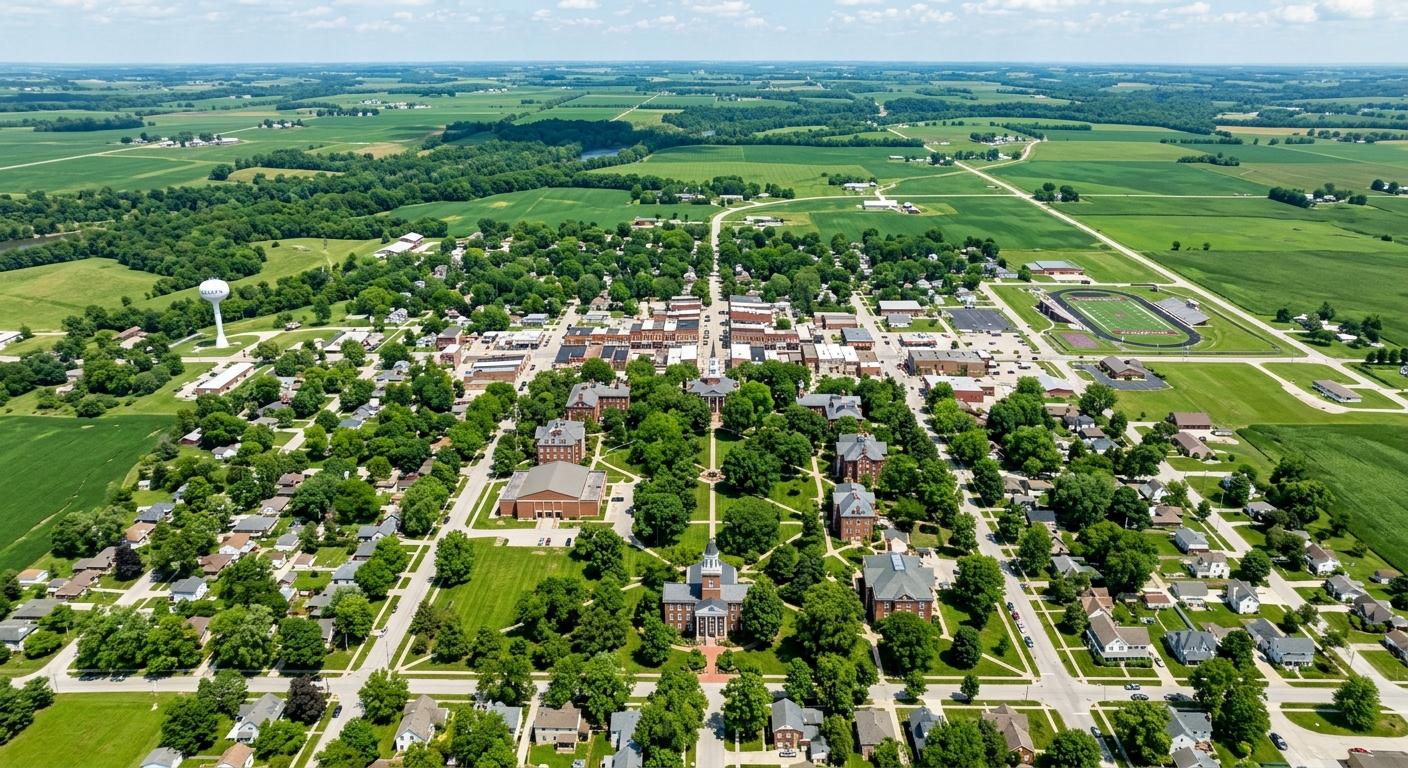 Aerial view of Eureka Illinois showing a quaint Midwestern small town surrounded by green farmland, tree-lined streets, and the Eureka College campus visible in the center