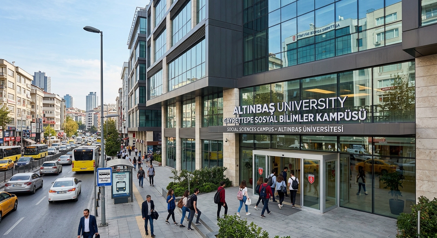 Altinbas University Gayrettepe Social Sciences Campus, elegant urban building in Sisli district, students entering modern glass entrance, city street view