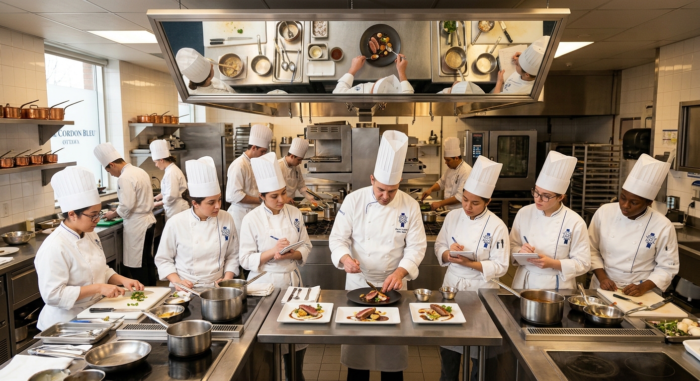 Professional culinary kitchen at Le Cordon Bleu Ottawa with students in white chef uniforms practicing French cuisine techniques, stainless steel workstations, overhead mirrors, and chef instructor demonstrating plating, warm ambient lighting