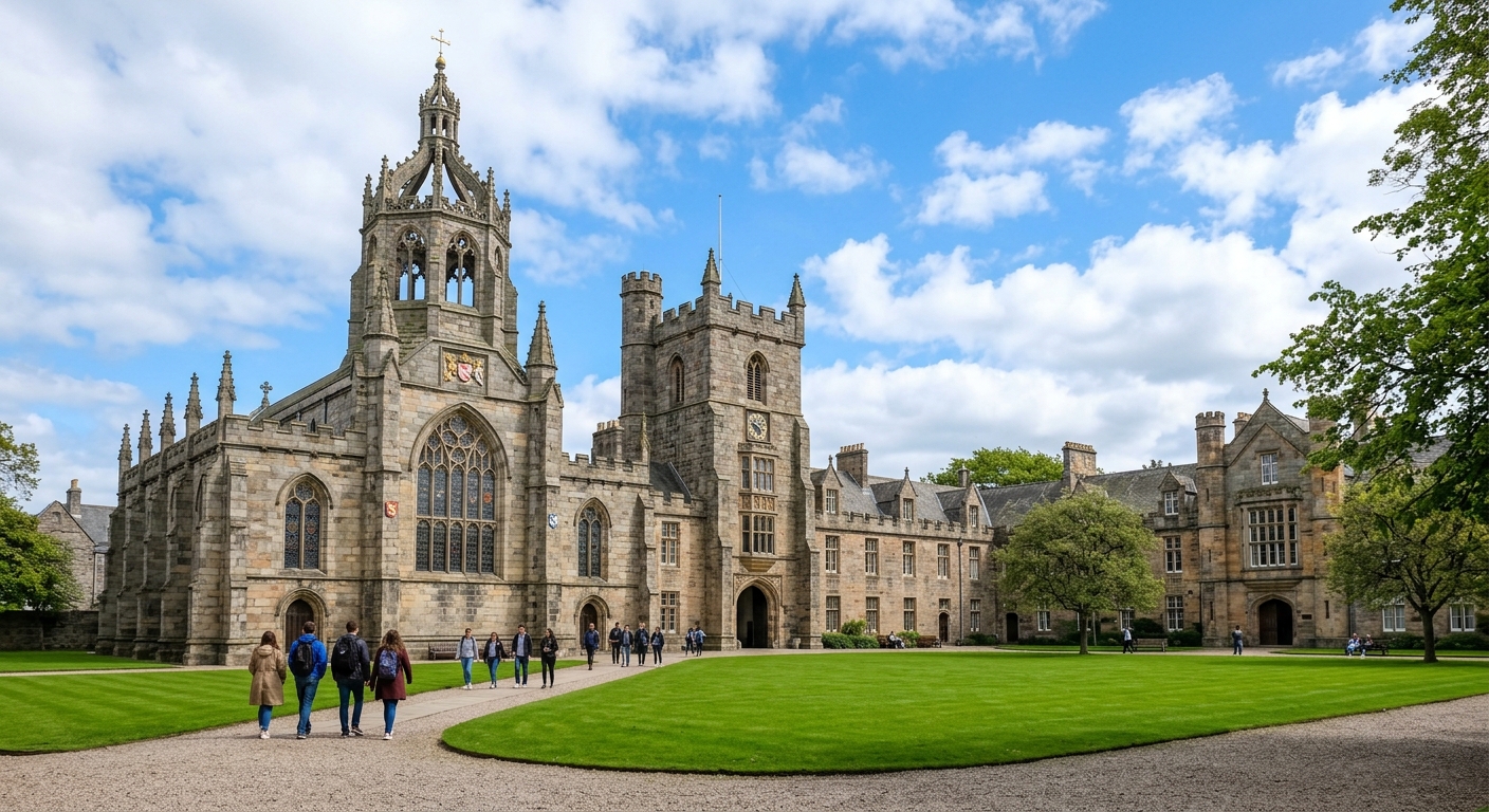 King's College Crown Tower and Chapel, iconic medieval granite building with distinctive crown spire, green lawn quadrangle, blue sky, Old Aberdeen