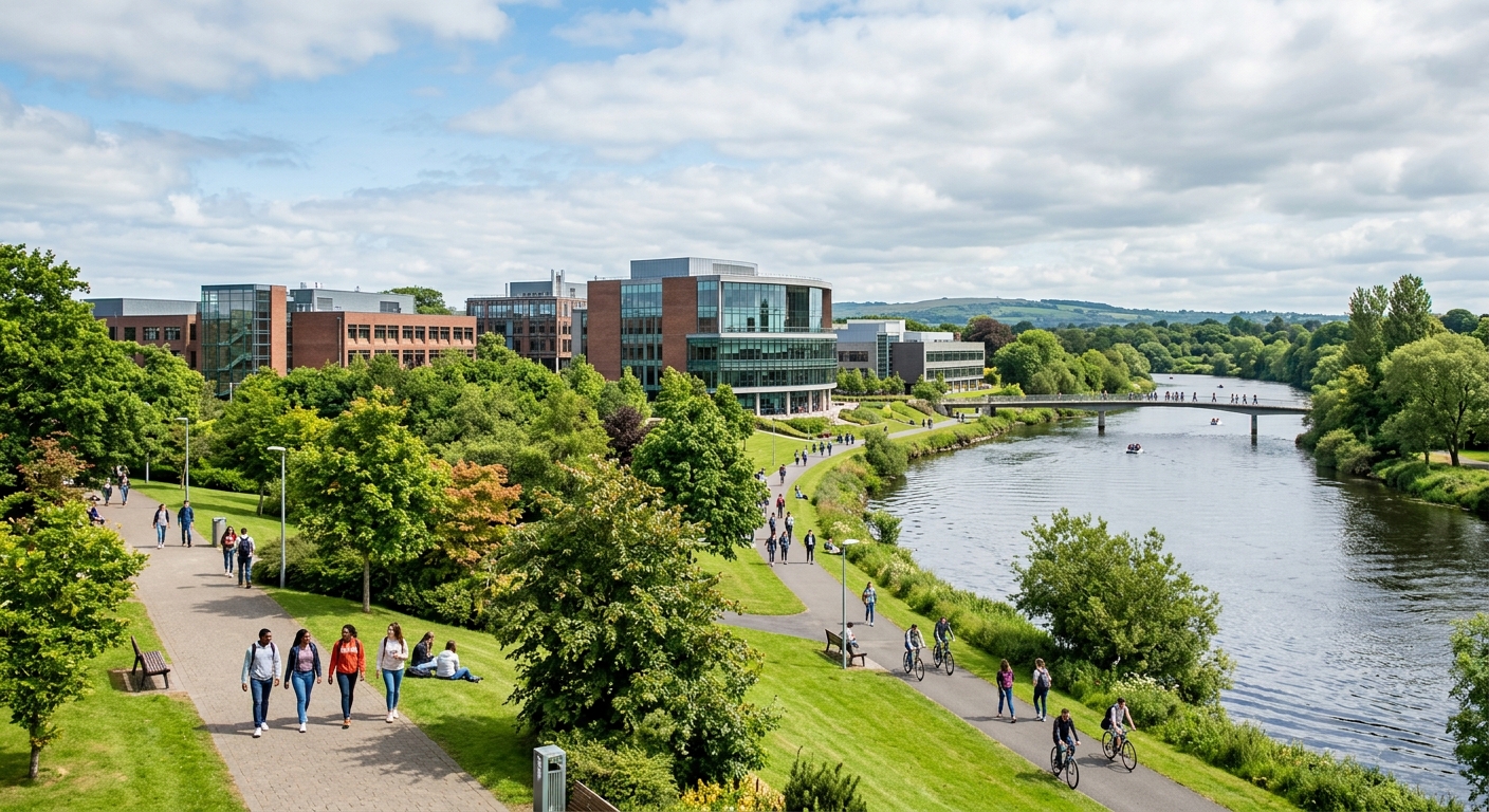 University of Limerick scenic riverside campus with modern academic buildings, green lawns along the River Shannon, students walking on pathways, bright Irish daylight with partly cloudy sky