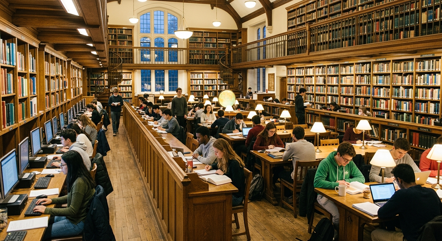 College library interior with bookshelves, study desks, computer workstations, students reading and studying, warm ambient lighting