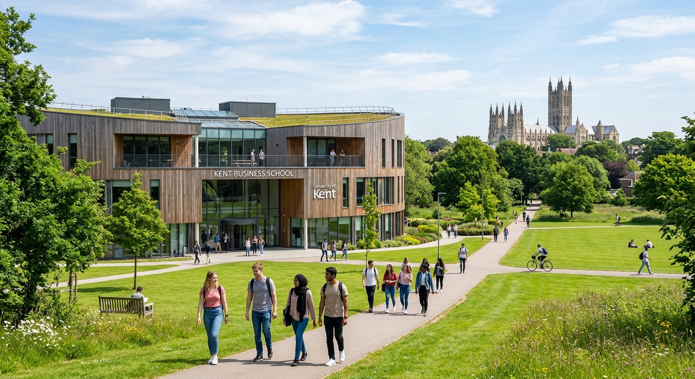 University of Kent Canterbury campus, modern Sibson Building housing Kent Business School, green parkland setting with students walking between buildings, Canterbury Cathedral visible in the background, bright daylight