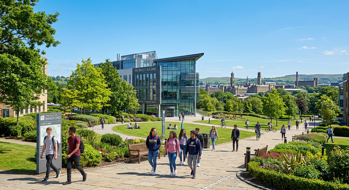 University of Bradford campus with modern computing building, students walking along pathways, green landscaped grounds with Bradford cityscape in background, clear sky