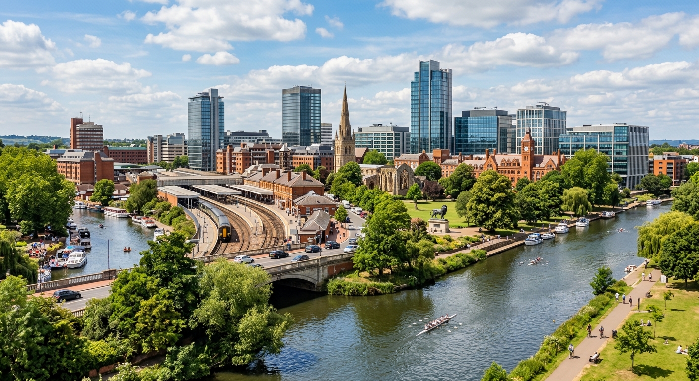 Reading city skyline with River Thames, modern buildings and historic architecture, green parks, railway station, sunny English day