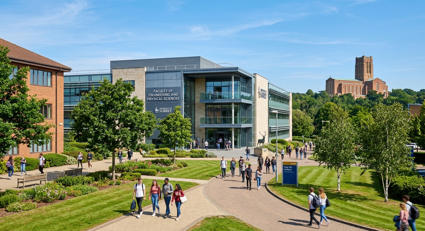 University of Surrey Stag Hill campus with modern engineering building, green landscaped grounds, students walking between lecture halls, Guildford cathedral visible in the background, bright sunny day