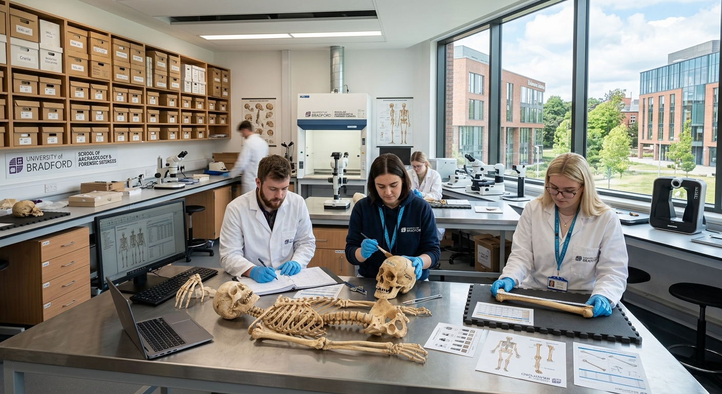 University of Bradford campus with modern archaeology laboratory building, students examining skeletal remains in a well-lit bioarchaeology lab, scientific equipment and reference collections visible, West Yorkshire England setting