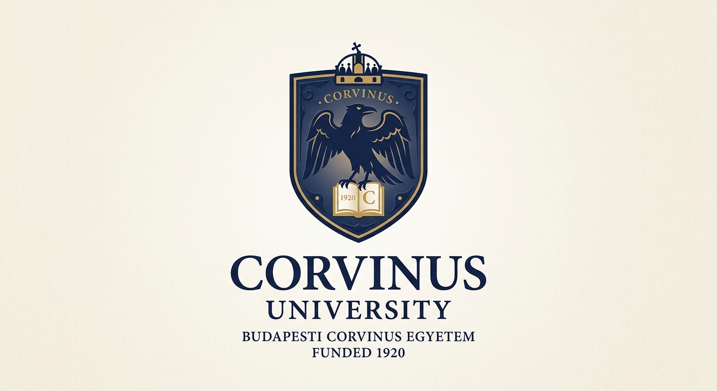 Corvinus University of Budapest official logo, dark blue shield emblem with raven and book symbol, university name text in serif font