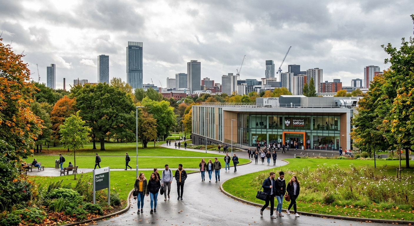 University of Salford Peel Park campus with modern architecture studio building, students walking through green parkland, Greater Manchester skyline in the background, bright overcast day typical of Northern England