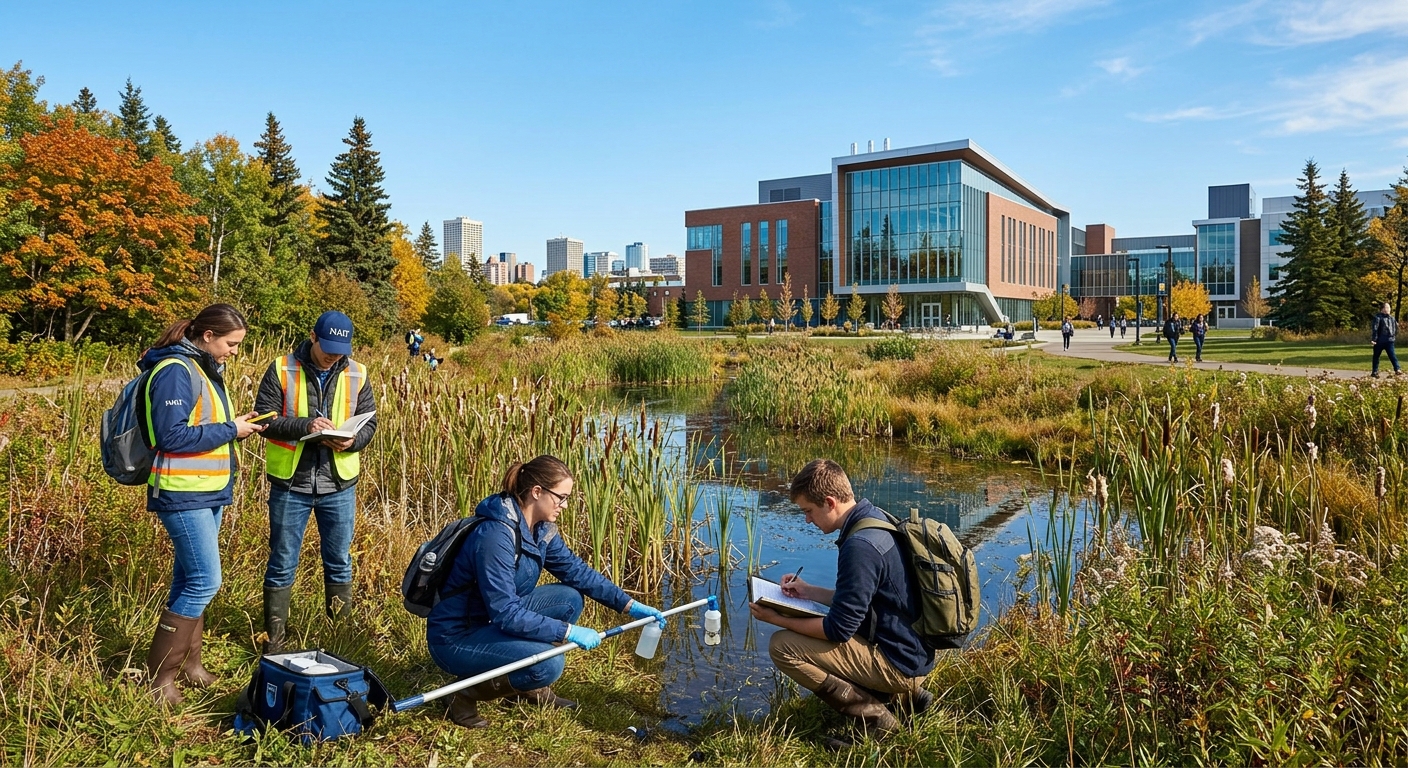 NAIT campus in Edmonton Alberta with modern polytechnic buildings, environmental science students conducting outdoor fieldwork near a wetland area, clear blue sky, Canadian landscape with trees and natural surroundings