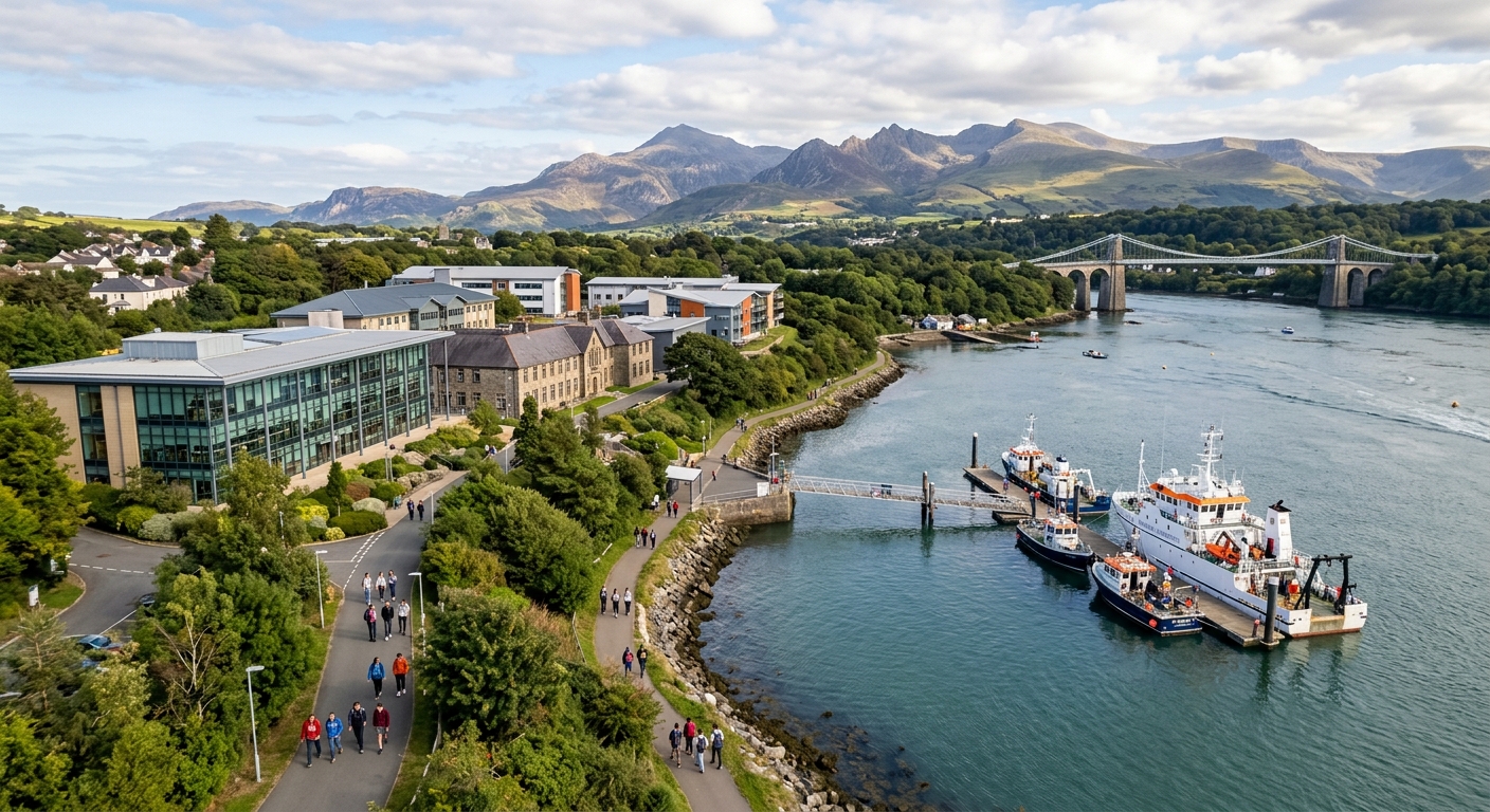 Aerial view of Bangor University School of Ocean Sciences campus on the Menai Strait, North Wales, with research vessels docked nearby, Snowdonia mountains in the background, and students walking along coastal pathways