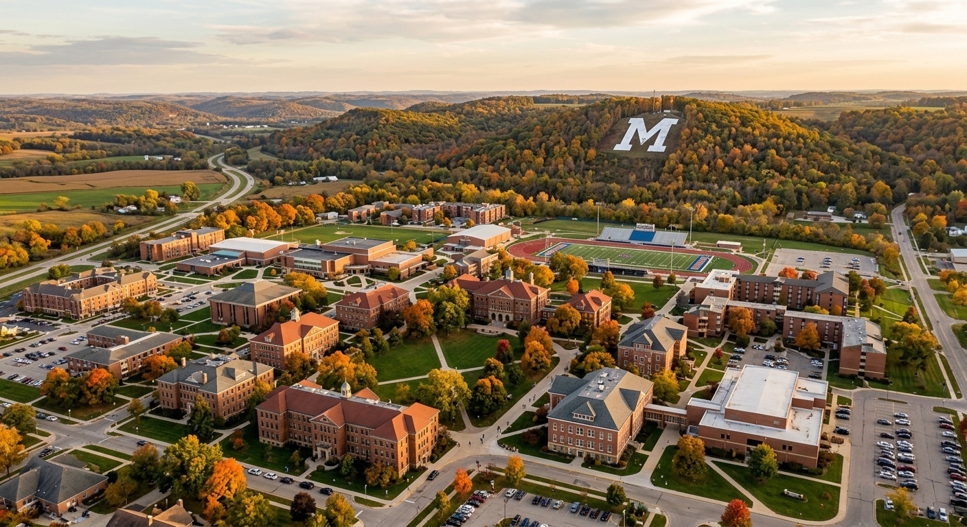 Aerial view of University of Wisconsin-Platteville campus showing historic brick buildings, green lawns, rolling hills of the Driftless Area, and the iconic Big M on the hillside in the background, warm autumn light