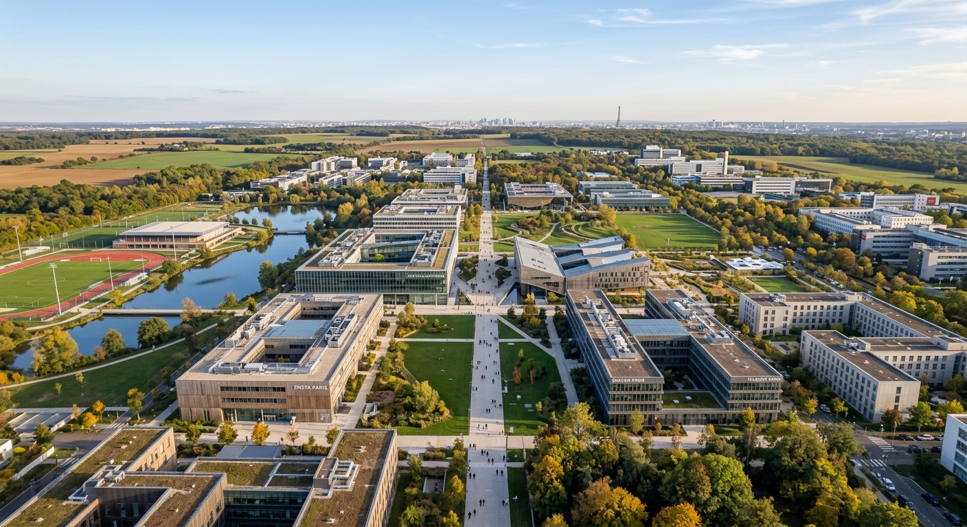 Aerial view of Institut Polytechnique de Paris campus on the Plateau de Saclay near Paris, modern academic buildings surrounded by green spaces, wide pathways connecting research facilities, clear sky with soft afternoon light