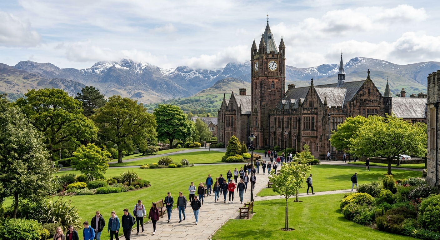 Bangor University historic main building with clock tower set against the backdrop of Snowdonia mountains, green campus lawns, students walking along pathways in North Wales
